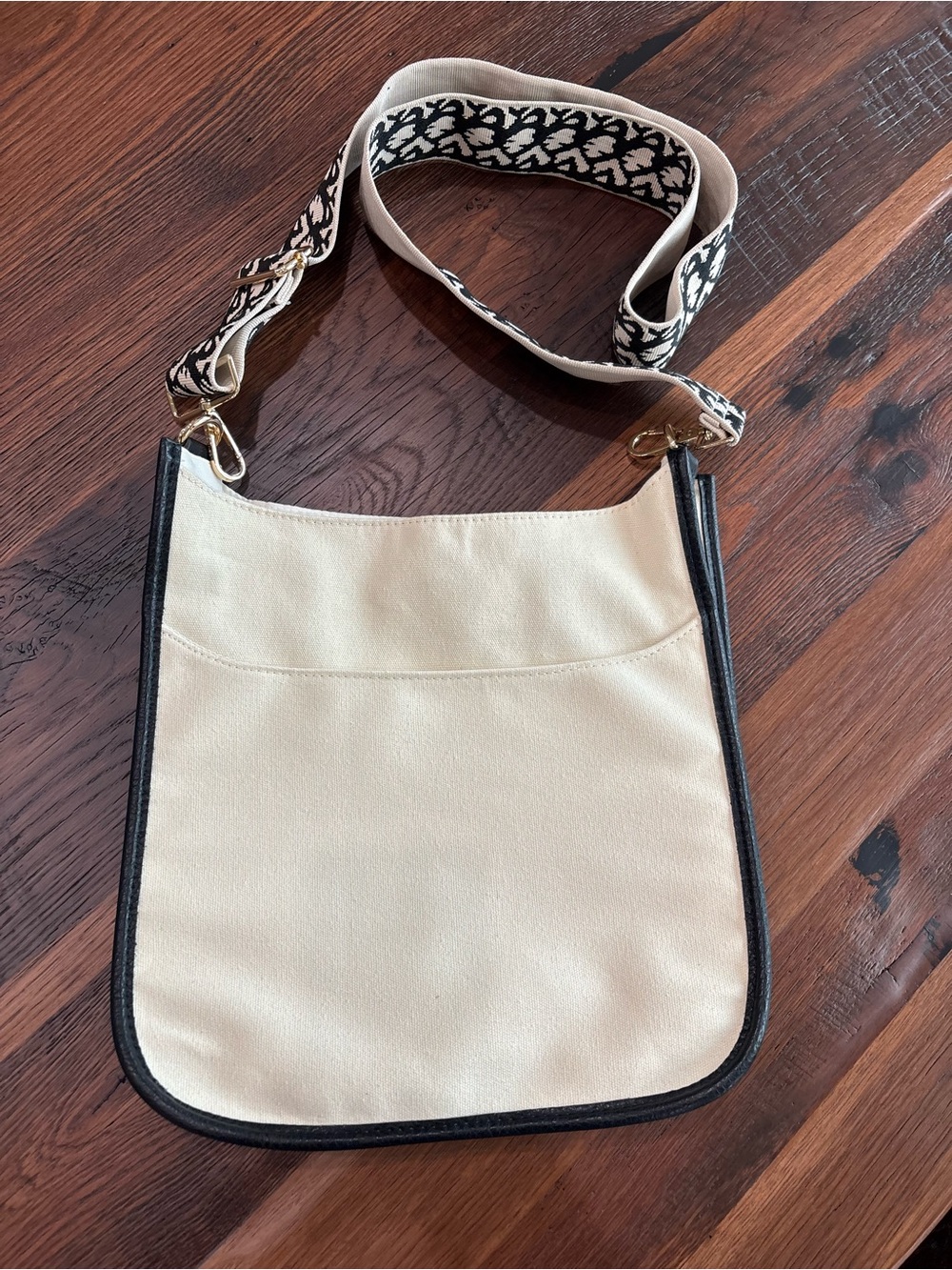 AHDORNED Canvas Crossbody Bag, Ivory,Black Faux Leather Trim, Guitar Strap